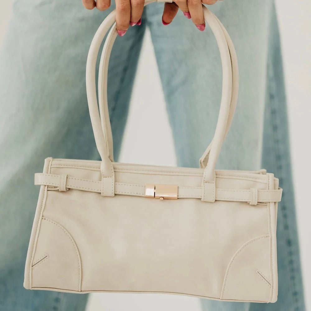 Cream vegan leather shoulder bag with lock detail