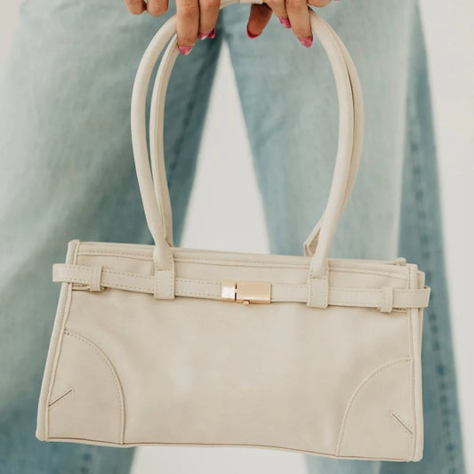 Cream vegan leather shoulder bag with lock detail