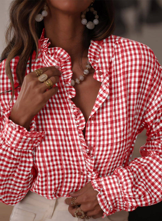 Gypsy Moon Red Gingham Plaid Ruffled Blouse with Feminine Ruffles