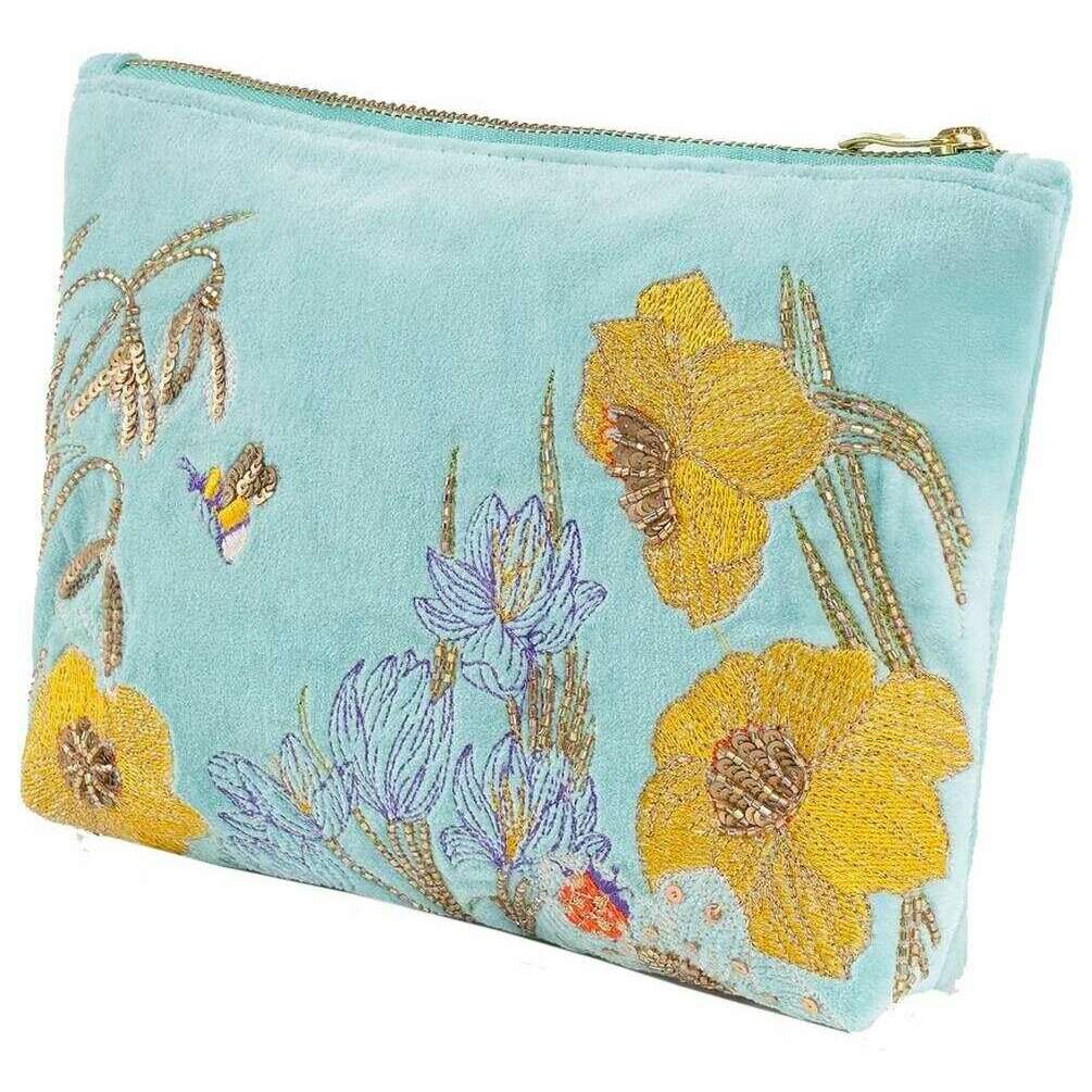 Embroidered Wildflower Meadow Zip Pouch in Yellow, Blue and Beige